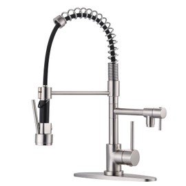 Brass Kitchen Faucet with Pull Down Sprayer, WOWOW High Arc Commercial Spring Kitchen Faucet for Sinks 1 or 3 Hole, Single Handle Brushed Nickel Kitchen Sink Faucet with Deck Plate