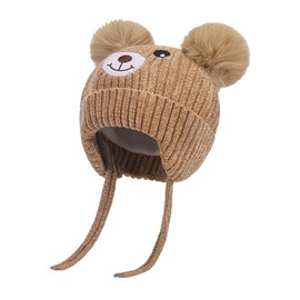 Rayson Winter Warm Hat Baby Earflap Fleece Lined Knitted Cap Toddler Dual Pom-Pom Chenille Knitted Warm Hat Cute Bear Kids Winter Hat with Ear Flaps,Beige