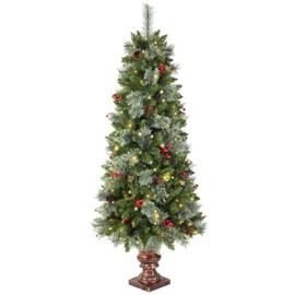 5ft Pre-lit Christmas Tree,Potted Artificial Pine Xmas Tree 300 Branches Tips,Decorated with 150 LED White Lights & 18 Red Berries & 14 Pinecone for Home or Office