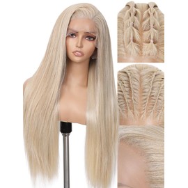 WIGNEE 13x6 Synthetic Lace Front Wig 28" Ash Blonde Wig Pre-Plucked Handmade Lace Front Wigs with Kanekalon Futura Hair Voluminous Long Straight Synthetic Wigs for Daily Party Use