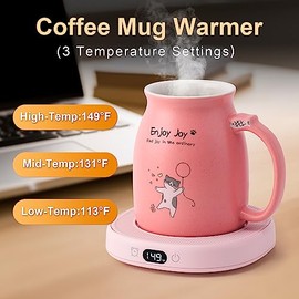 Bsigo Juego de Tazas Lindas de Gato con Calentador de Tazas Inteligente Eléctrico para Hogar y Oficina, Calentador de Tazas para Bebidas, Té o Café con 3 Configuraciones de Temperatura, Apagado