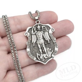 Saint St Michael Medal Shield Pendant Necklace – Zinc Alloy, 22" Wheat Chain