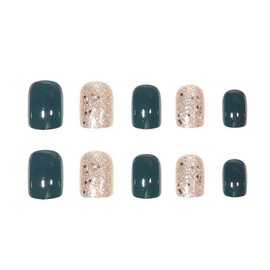 RikView Square Press on Nails Short Fake Nails Green Nails with Glitter Design Glossy Nails for Women 24 PCS