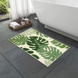 Lukinbox Alfombra de área de hojas para entrada, alfombra de baño pequeña verde de 2 x 3 pulgadas para baño, planta tropical de Monstera, antideslizante, lavable, alfombra de terciopelo para interiores y exteriores, entrada, recámara, lavandería, cocina