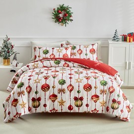 Nayoroom Christmas Comforter Set King Size Red Green Christmas Bell Reindeer Snowflake Printed on White Comforter 3Pcs Reversible Xmas Theme New Year Holiday Bedding with 2 Pillow Shams