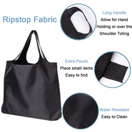 Obsoorth Reusable Grocery Bags Foldable Set of 10 45Lbs Waterproof Ripstop Heavy Duty Tote Bag Washable Lightweight Reusable Shopping Bags with Handles, Black