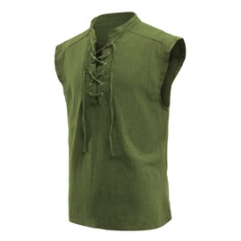 Mogenda Mens Medieval Renaissance Pirate Costume Sleeveless Lace-up Stand Collar Shirt Gothic Viking Steampunk Top Tunic, Army, Medium