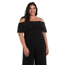 R&M Richards Womens Plus Knit Off-The-Shoulder Jumpsuit, Black, 12
