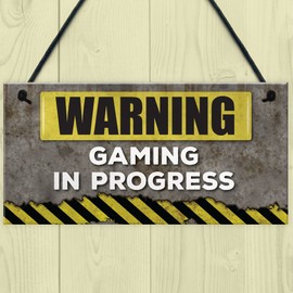 RED OCEAN Warning Gaming In Progress Hanging Plaque Man Cave Bedroom Wall Fathers Day Sign