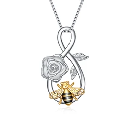 Bee Necklace Sterling Silver Infinity Love Bee Pendant Necklace with Rose Flower Jewelry Gifts for Women Teens (Silver-Rose and bee)