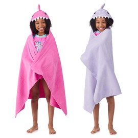 Saint Eve Kids Cotton Hooded Bath Towel Set, 2 Pack Absorbent Shark Toddler and Kid Beach Pool or Bath Towels, Pink & Purple