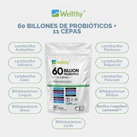 Wellthy Probioticos 60 Billones 11 Cepas. 45 Cápsulas Mes y Medio de Consumo, Cápsulas Veganas, DRcaps® Acción Prolongada, Bottle Free.