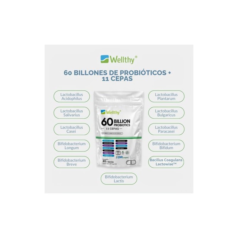 Wellthy Probioticos 60 Billones 11 Cepas. 45 Cápsulas Mes y