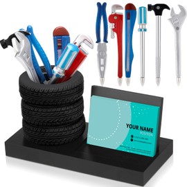 Feifeiya 7 Pcs Tire Shape Stationery Set Wooden Tire Pen Holder Business Card Holder Desktop Novelty Desk Organizer Tool Funny Automotive Desk Accessories for Men Gifts Mechanic Car Lovers (Black)