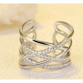 BROWOL Women's Fashion Rings 925 Sterling Silver Cubic Zirconia Multi-Layer X Shape Adjustable Rings Couple Ring Engagement Ring, Sterling Silver, Cubic Zirconia