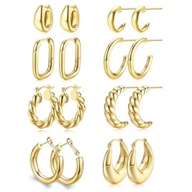 PATISORNA Gold Chunky Hoop Earrings Set for Women,14K Gold Plated Thick Lightweight Hypoallergenic Hoop Earrings Pack Twisted Huggie Open Hoops Set Jewelry