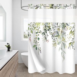 ALINK No Hook Shower Curtain with Snap-in Fabric Liner Set for Bathroom, Hotel Style Green Leaves Shower Curtain with See Through Top Window, Waterproof & Washable, 71 x 74 Inch