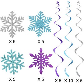 20Pcs Winter Snowflake Hanging Swirls Decorations, Winter Hanging Ceiling Streamers Purple Blue White Snowflakes Garland for Winter Wonderland Baby Shower Winter Birthday Party Decorations