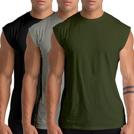 Holure 3 Pack Men's Gym Tank Tops Workout Sleeveless T-Shirts Athletic Muscle Tank Training Bodybuilding ShirtsBlack/Grey/Green M