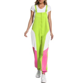 Womens Retro 80s 90s One Piece Outfit Neon Windbreaker Overalls Theme Party Jumpsuit Rompers (US, Alpha, Small, Regular, Regular, Neon Yellow)