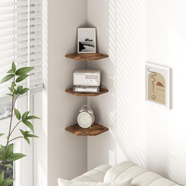 Corner Shelf Wall Mount, Floating Corner Shelves, Set of 3 Corner Wall Shelf Organizer, Rustic Wood Wall Storage Display Shelves for Living Room Bedroom Bathroom Kitchen, Rustic Brown
