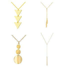 Frodete 4Pcs Long Pendant Necklace For Women Three Triangle Tassel Lock Sweater Y Shape Punk Chain Jewelry (gold)