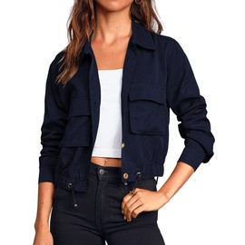 Onedreamer - Chaquetas recortadas de safari militar para mujer, con botones, ligera, de gran tamaño, con bolsillos, marino, XXL