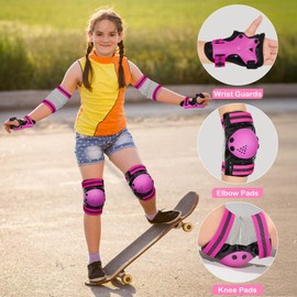 Knee Pads for Kids, Toddler Knee Pads and Elbow Pads Set Wrist Guards for Girls 3-12 Years, Adjustable Kids Protective Gear Set for Roller Skating Cycling Skateboard Scooter,Black Pink,8-12 Years