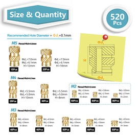 Kadrick 520Pcs M2 M3 M4 M5 Threaded Inserts Assortment Kit for 3D Printing Components, Metric Brass Knurled Nuts, Insert by Heat into Plastic Parts