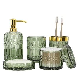 Towoaafu Green Bathroom Accessories Set - 5 PCS Glass Bathroom Decor with Soap Dispenser & Soap Dish & Toothbrush Holder & Tumbler & Cotton Swab Jar - Bathroom Accessory Set for Vanity
