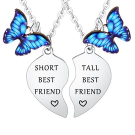 Funny Friendship Gifts for Best Friend Necklace 2PCs Short Best Friend Tall Best Friend Heart Matching Pendant Necklace Set Blue Butterfly Charm Friendship Necklace for Sister Bestie Christmas Birthday Gifts