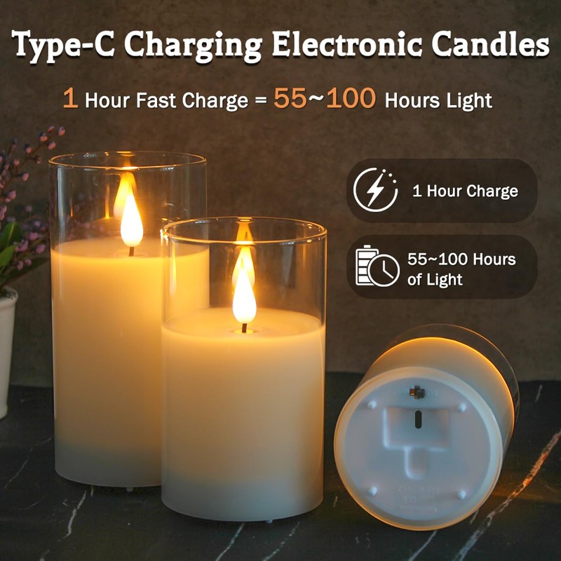 LEDHOLYT Rechargeable Flameless Glass Pillar Candles–Gifts for Women–Set of 3,