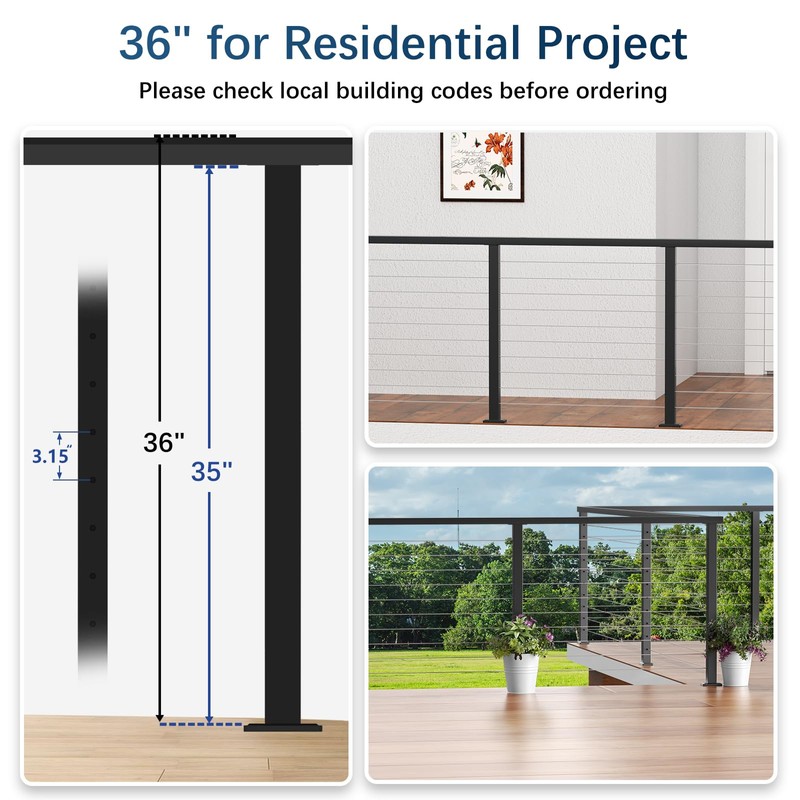 Gyykzz 36" Black Cable Railing Post, Fixed Top Level Drilled