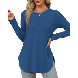 Womens Long Sleeve Tops Round Neck Casual Tunic Tops to Wear with Leggings Side Split Blue XL