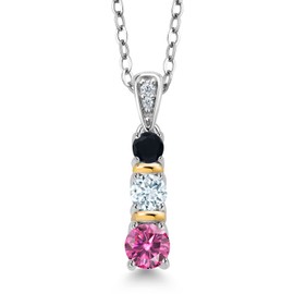 Gem Stone King 925 Silver and 10K Yellow Gold Round Pink Moissanite Sky Blue Aquamarine and Black Onyx Pendant Necklace For Women (0.50 Cttw, Gemstone, with 18 Inch Chain)