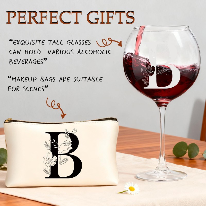 fcaylo Monogrammed Wine Glasses with Makeup Bag Birthday Gift Set