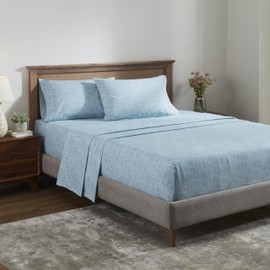 Superior Melange Flannel Cotton Sheet Set, Ultra-Soft Brushed Sheets, Modern, Farmhouse Bedding, Basics, Includes; Flat Sheet, Elastic Deep Pocket Fitted Sheet, Pillowcases, Full, Washed Blue