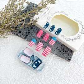 Independence Day Press on Nails Medium Square Fake Nails with Designs Stars Glue on Nails Rhinestone False Nails Stripes Acrylic Nails Reusable Artificial Nails for Women Girls 24Pcs