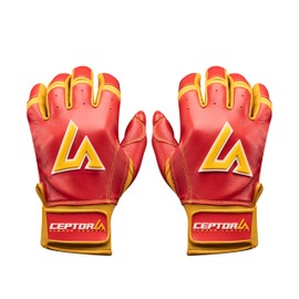 CEPTORS Batting Gloves Short Cuff- Premium Nappa Leather, Handcrafted, Water-Resistant - Durable Professional Baseball Gloves - Youth-Short Cuff - Maize/Red - Medium