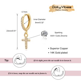 Gold Mini Dangle Huggie Earrings for Women, Dainty 14K Gold Plated Cubic Zirconia Small Hoop Earrings with Charm Drop, Jewelry Gift for Women Ladies (Cross CZ)