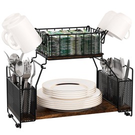 TQVAI 2-Tier Buffet Caddy - Metal & Wood Countertop Organizer for Silverware, Plates, Utensils, Mugs - Outdoor Picnic Camping Party Essentials Holder, Black/Antique