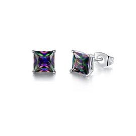 4mm Square Stud Earrings for Women and Men Rainbow Quartz CZ Earrings 18K White Gold Plated Hypoallergenic Jewelry Gifts