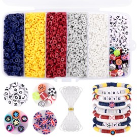 Red Blue and White Clay Beads, Beads for Bracelet Making, Funtopia 5000 Pcs Heishi Flat Round Beads, Friendship Bracelet Kit with Letter Beads Sports Beads for Boys Adults