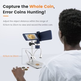 LM203S 4" HDMI Digital Microscope, Portable Coin Microscope Full View of Coins, 800X Handheld Coin Magnifier Magnifying with Light, Wireless USB Microscope with Metal Stand, 5pcs Microscope Slides