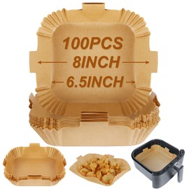 BYKITCHEN 100pcs Air Fryer Parchment Paper Liner, Square Air Fryer Liners Disposable, Greaseproof Paper for Air Fryer, Compatible with COSORI, Ninja, Tower (Unbleached)