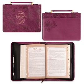 Christian Art Gifts Protective Maroon Floral Faux Leather Bible Cover Carry Case with Handle for Women: Walk by Faith - 2 Corinthians 5:7 Inspirational Bible Verse Zippered with Pocket, Large