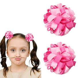 2 PCS Curly Korker Hair Bows Ties Elastic Pink Hair Ribbons Ties for Kids Girls Cute Cheerleading Hair Rubber Bands Boutique Hair Ponytail Holders for Long Hair Accessories, Pink