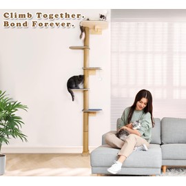 83 Inch Floor to Ceiling Cat Tree, Wall Mounted Tower with 5 Large Platforms & Plush Toys, Space-Saving Cat Furniture for Climbing & Scratching