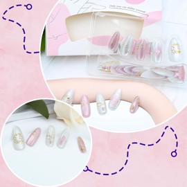 30Pcs Pink Press on Nails Medium Almond Fake Nails with Glitter Designs Stick on Nails Cute Heart Bow False Nails Gold Star Acrylic Nails Full Cover Glue on Nails for Women Nail Decoration Supplies