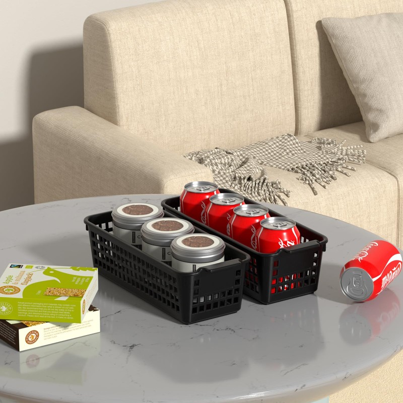 Ysmiltion 6-Pack Slim Plastic Storage Baskets, Black Desktop Storage Basket